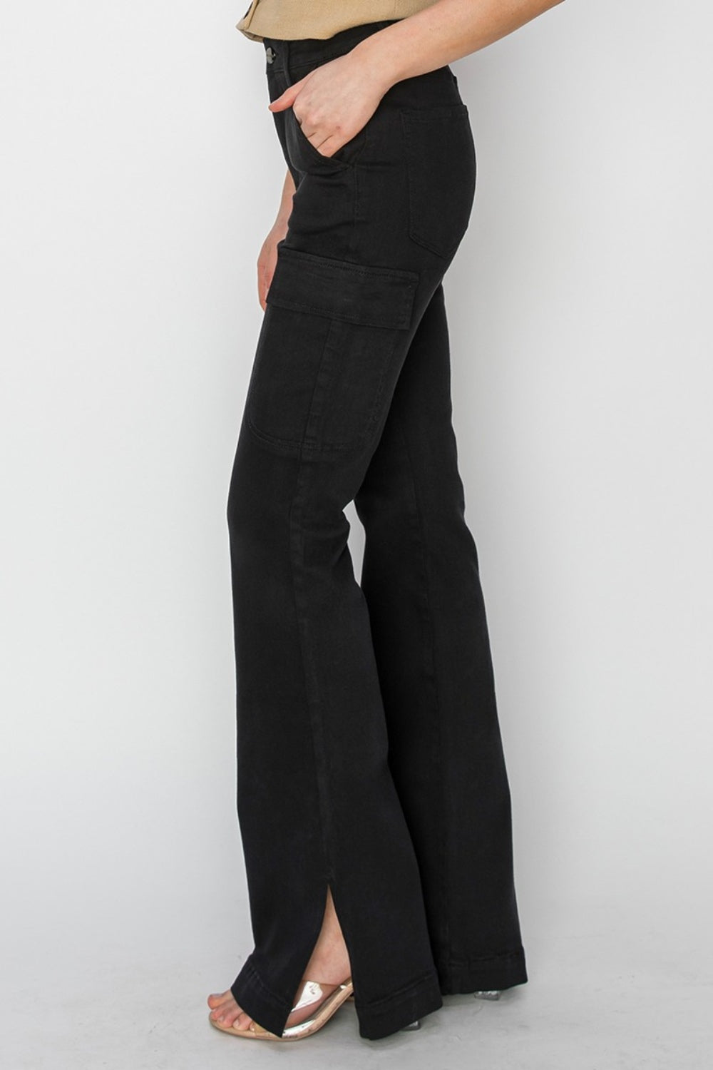 Risen Full Size High Rise Side Slit Cargo Bootcut Jeans Trendsi