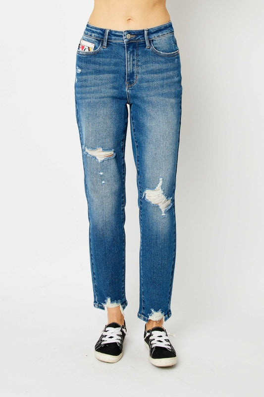 Judy Blue Queen Of Hearts Boyfriend Distressed Slim Jeans - Shop All Around Divas