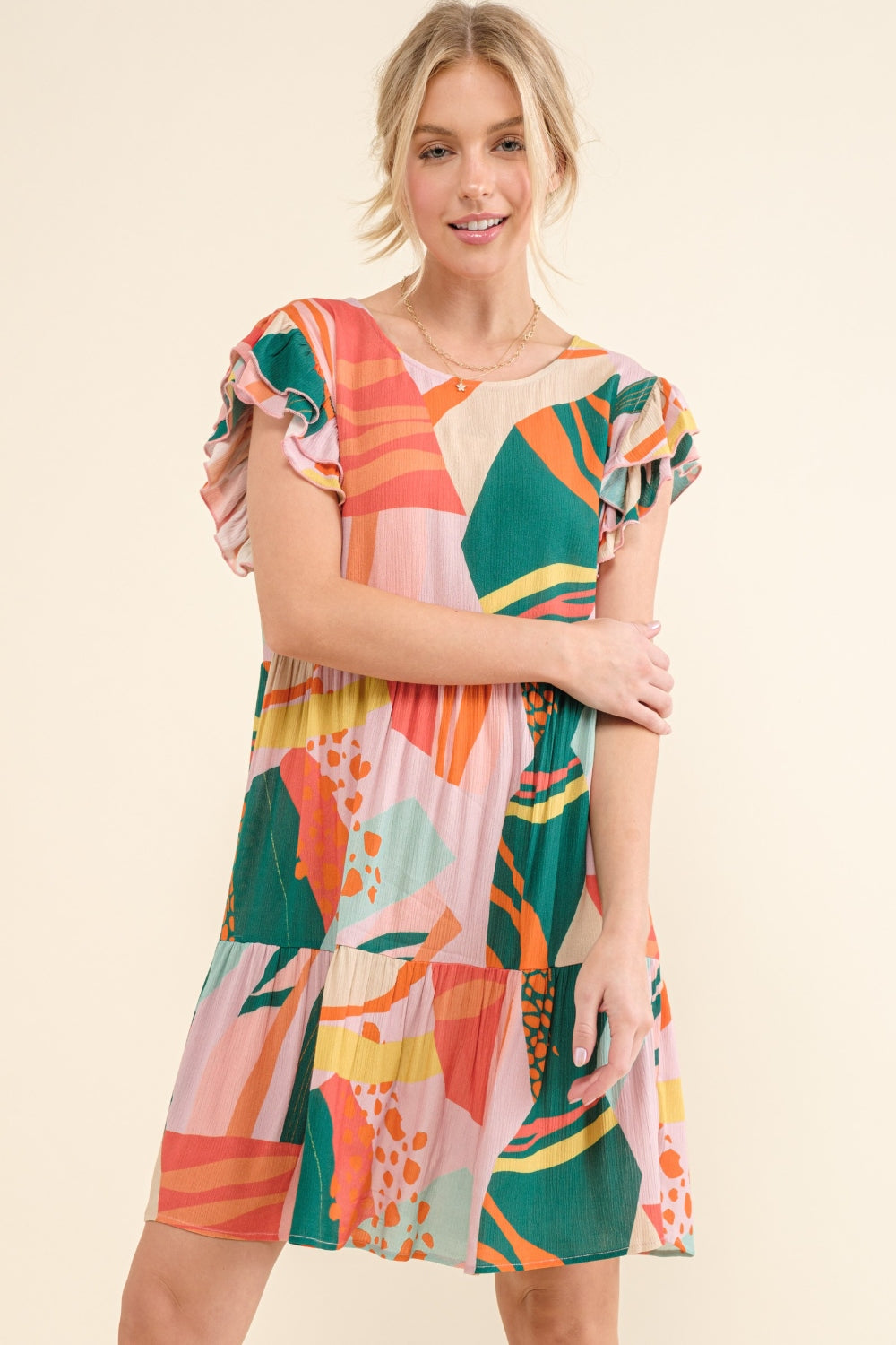 And The Why Printed Double Ruffle Sleeve Dress - Shop All Around Divas