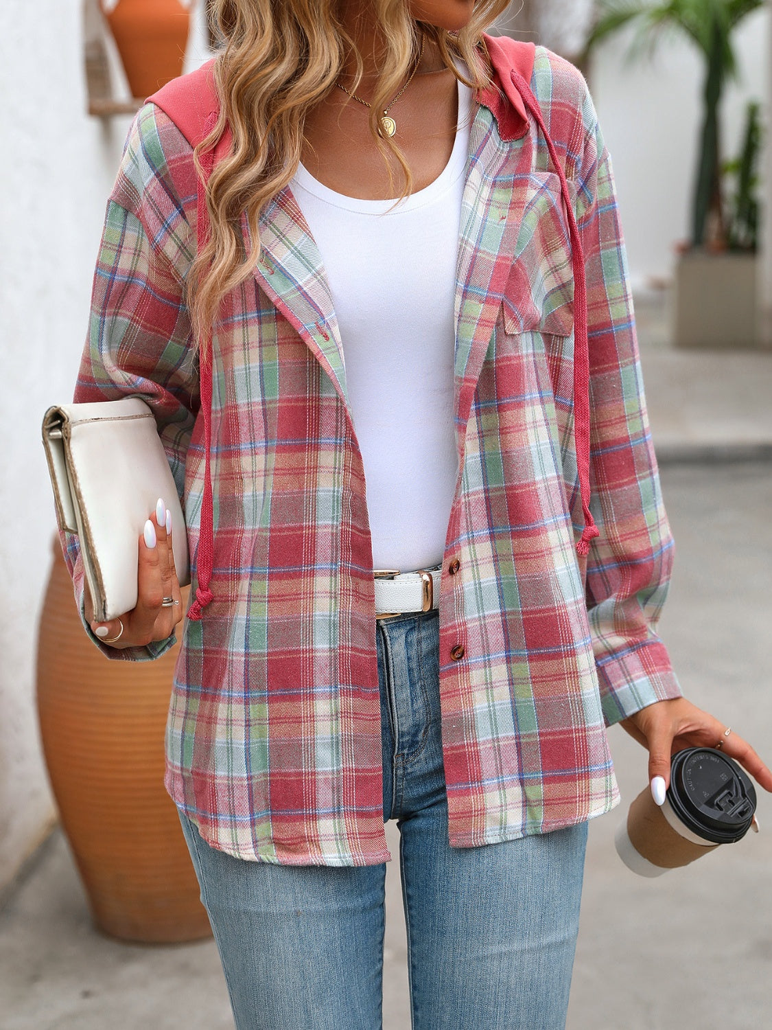 Plaid Long Sleeve Hooded Jacket - 5 Colors Trendsi