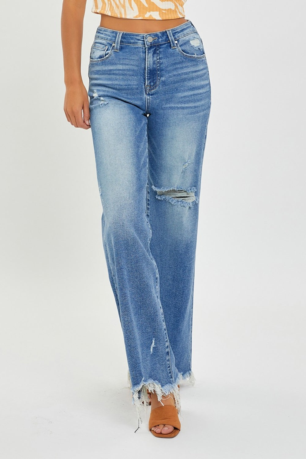 Risen Full Size High Rise Frayed Hem Wide Leg Jeans Trendsi