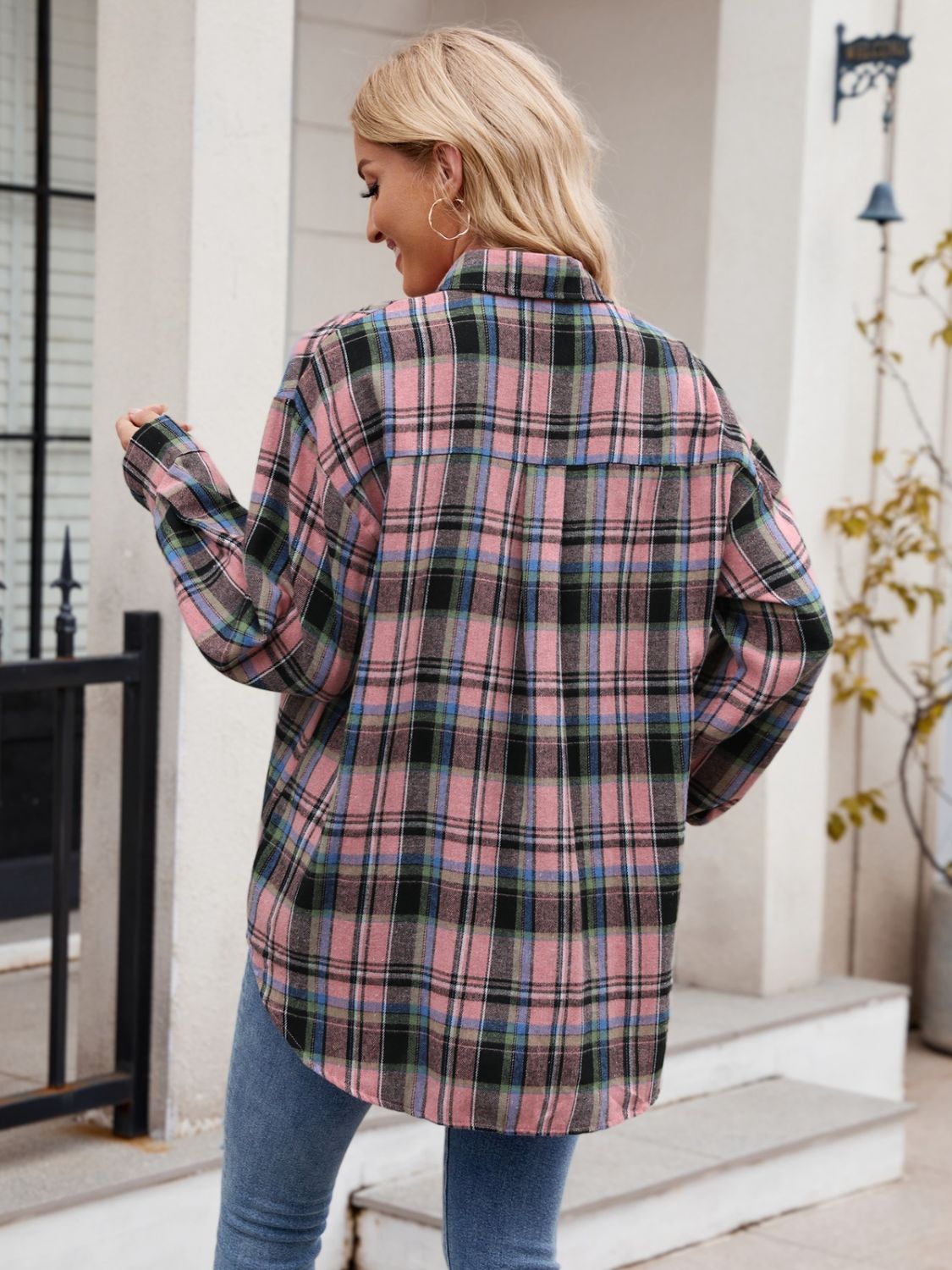 Pocketed Plaid Collared Neck Long Sleeve Shirt- 6 Styles Trendsi