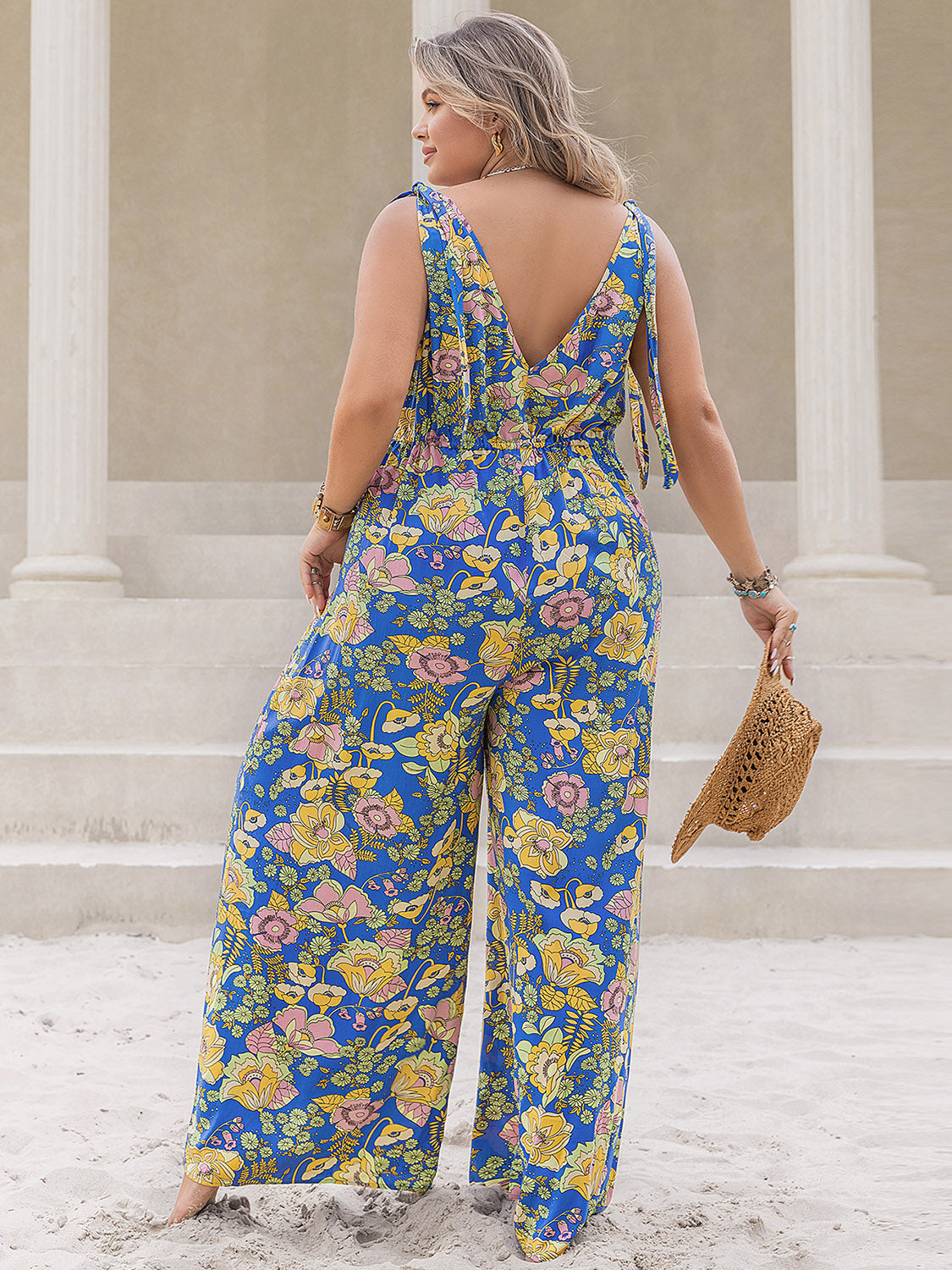 Plus Size Printed V-Neck Wide Leg Jumpsuit - Shop All Around Divas