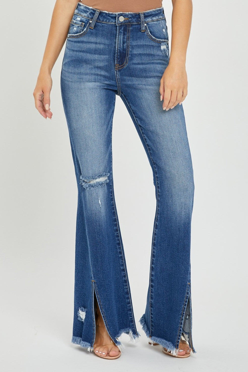 RISEN Full Size High Rise Front Slit Frayed Hem Flare Jeans Trendsi