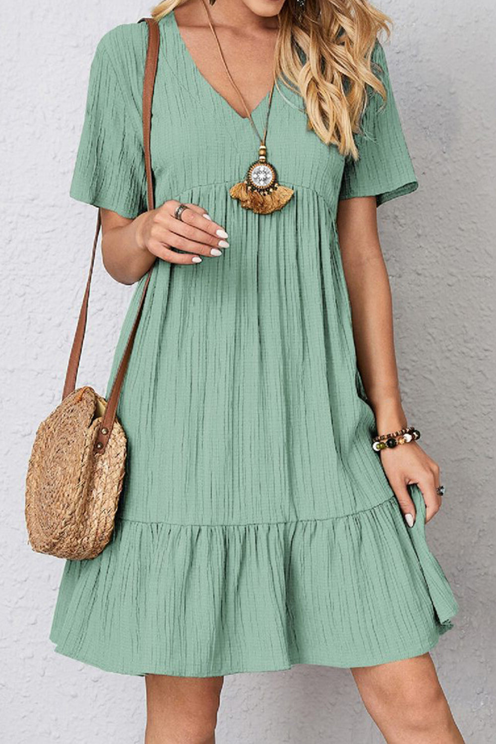 Full Size Ruched V-Neck Short Sleeve Dress - 7 Colors - Shop All Around Divas