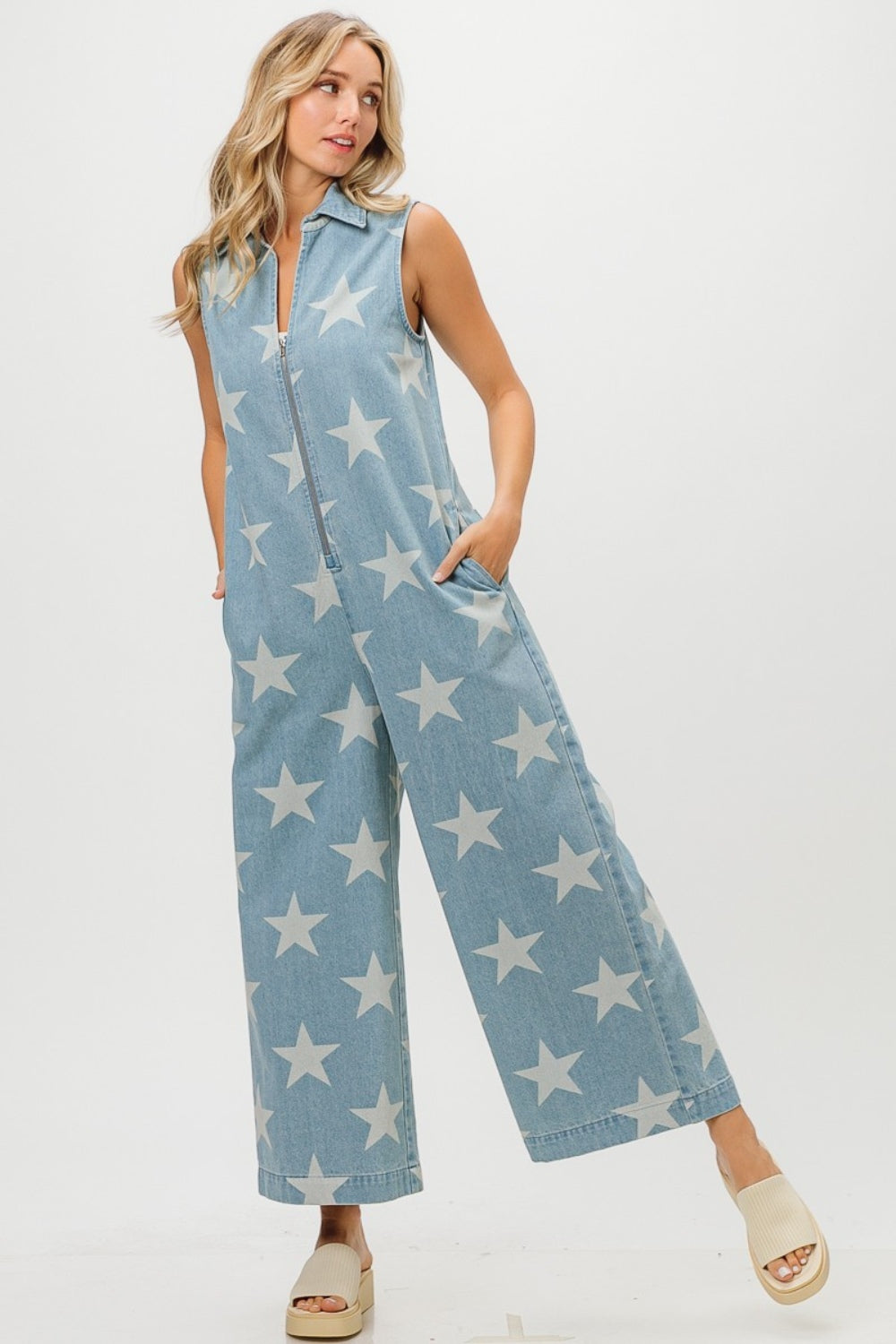 BiBi Star Print Half Zip Sleeveless Denim Jumpsuit Trendsi