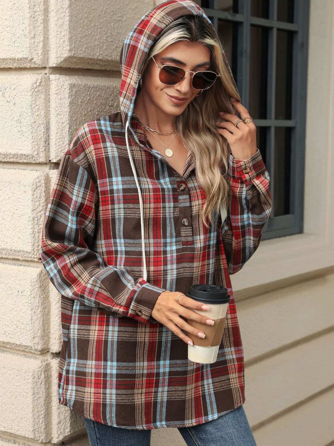 Drawstring Plaid Hooded Long Sleeve Top - 3 Colors