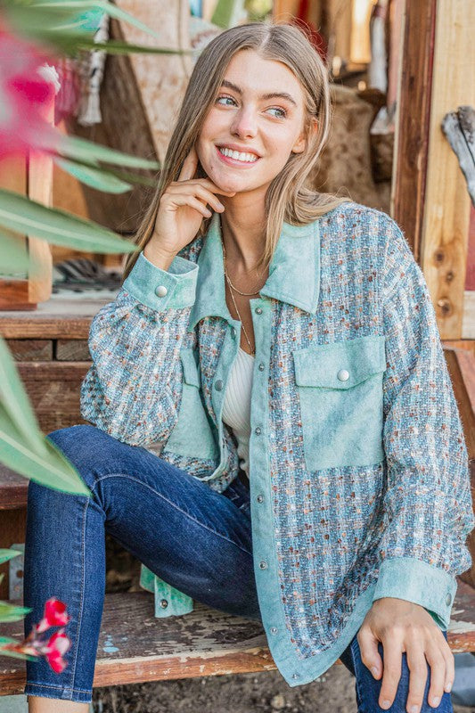 Put Together Turquoise Twill Banded Snap Button Jacket