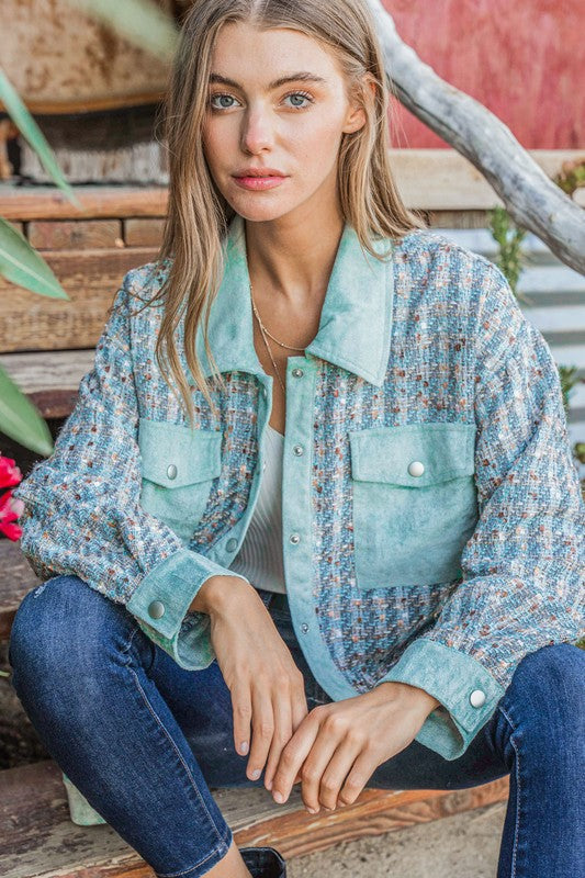 Put Together Turquoise Twill Banded Snap Button Jacket