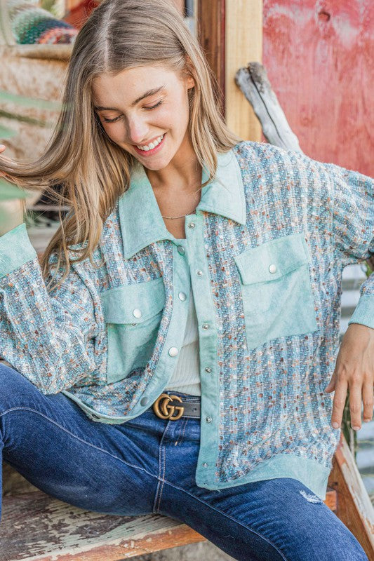 Put Together Turquoise Twill Banded Snap Button Jacket