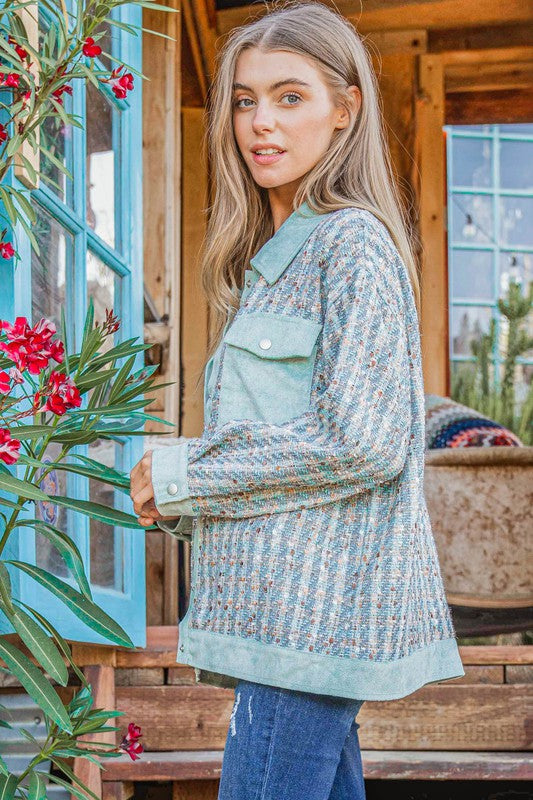 Put Together Turquoise Twill Banded Snap Button Jacket