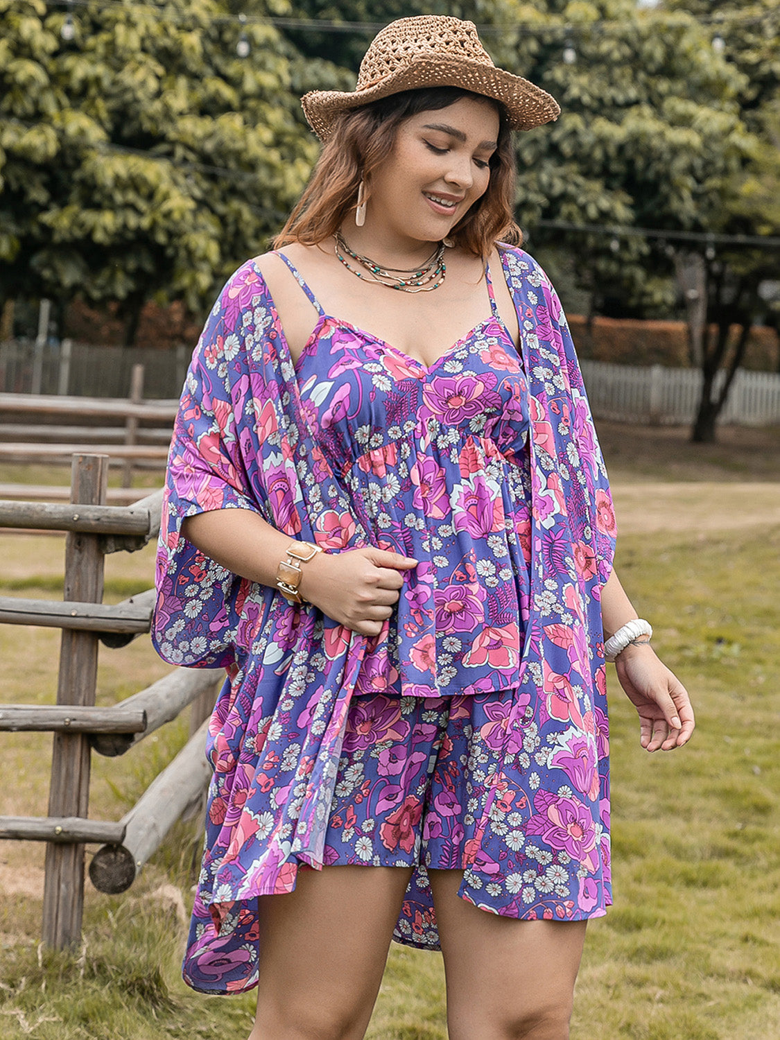 Plus Size Printed Cami, Open Front Cover Up and Shorts Set - Shop All Around Divas