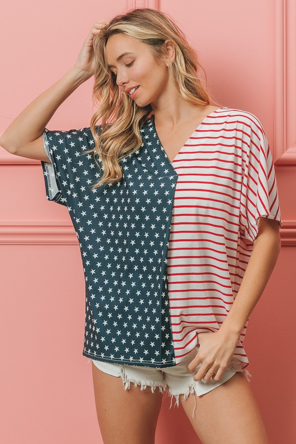 BiBi US Flag Themed Color Block Short Sleeve T-Shirt - Shop All Around Divas