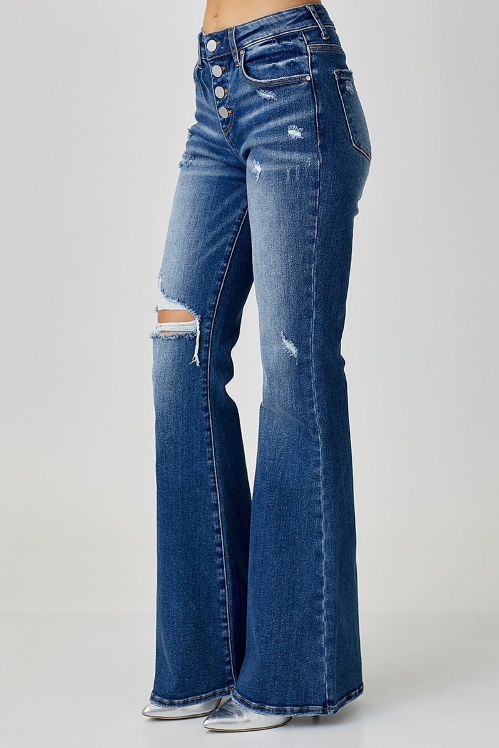 RISEN Change of Plans Distressed Button-Fly Flare Jeans Trendsi