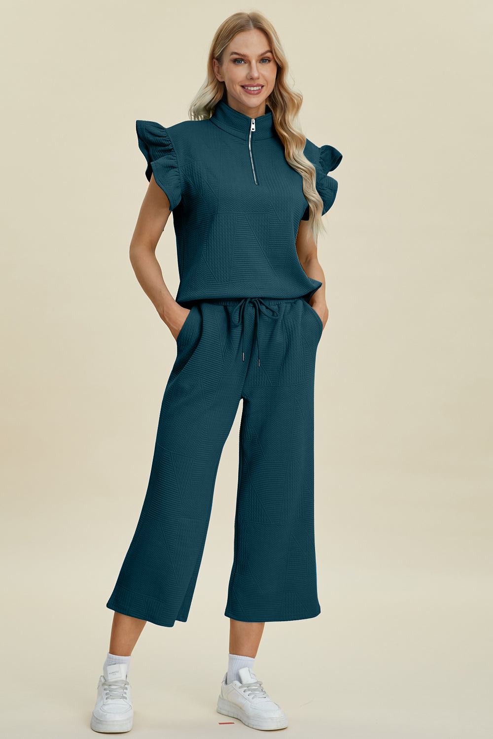 Double Take Texture Ruffle Short Sleeve Top and Wide Leg Pants Set - 5 Colors Trendsi