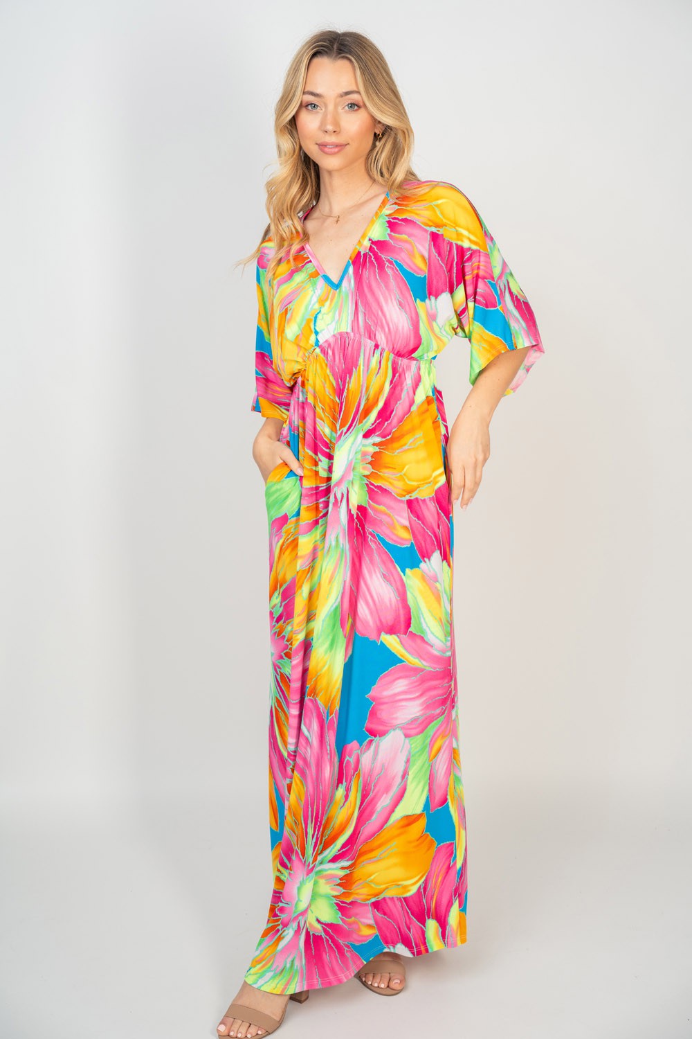 White Birch Printed V-Neck Maxi Dress with Pockets - Shop All Around Divas