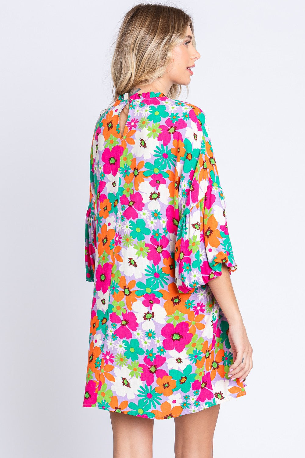 GeeGee Full Size Floral Round Neck Lantern Sleeve Mini Dress - Shop All Around Divas