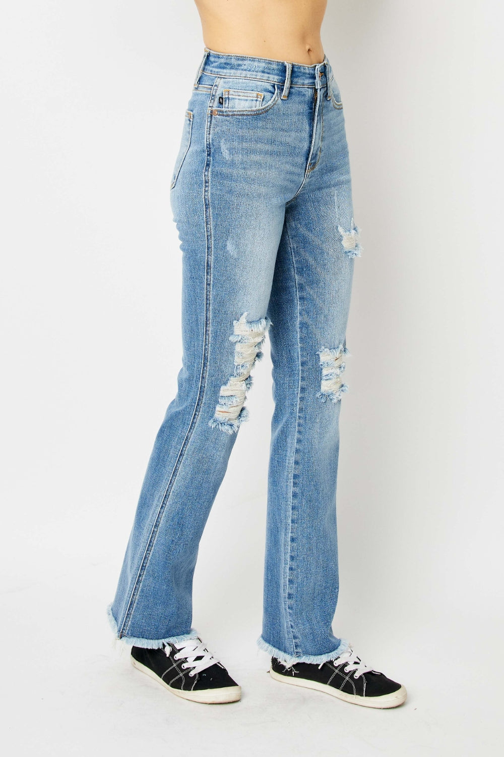 Judy Blue Full Size Distressed Raw Hem Bootcut Jeans - Shop All Around Divas