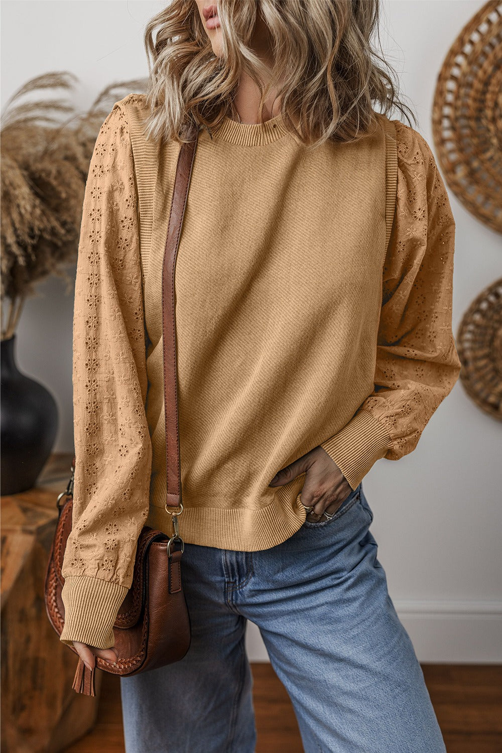Eyelet Round Neck Long Sleeve Sweatshirt - 5 colors Trendsi