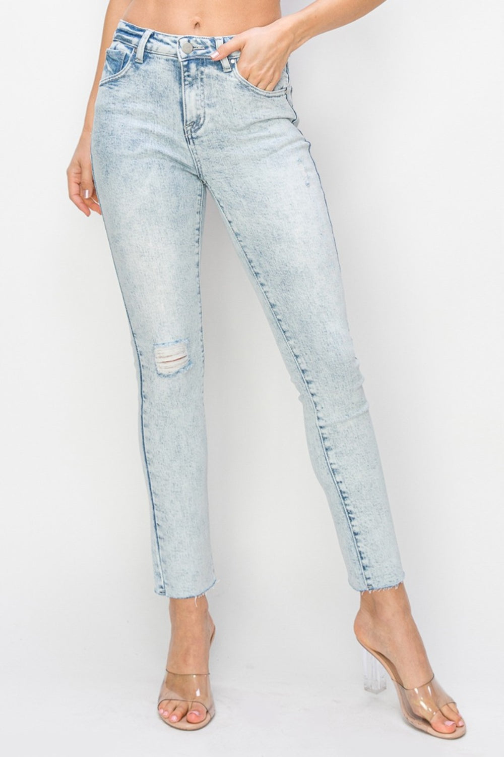 Risen Full Size High Rise Distressed Skinny Jeans Trendsi