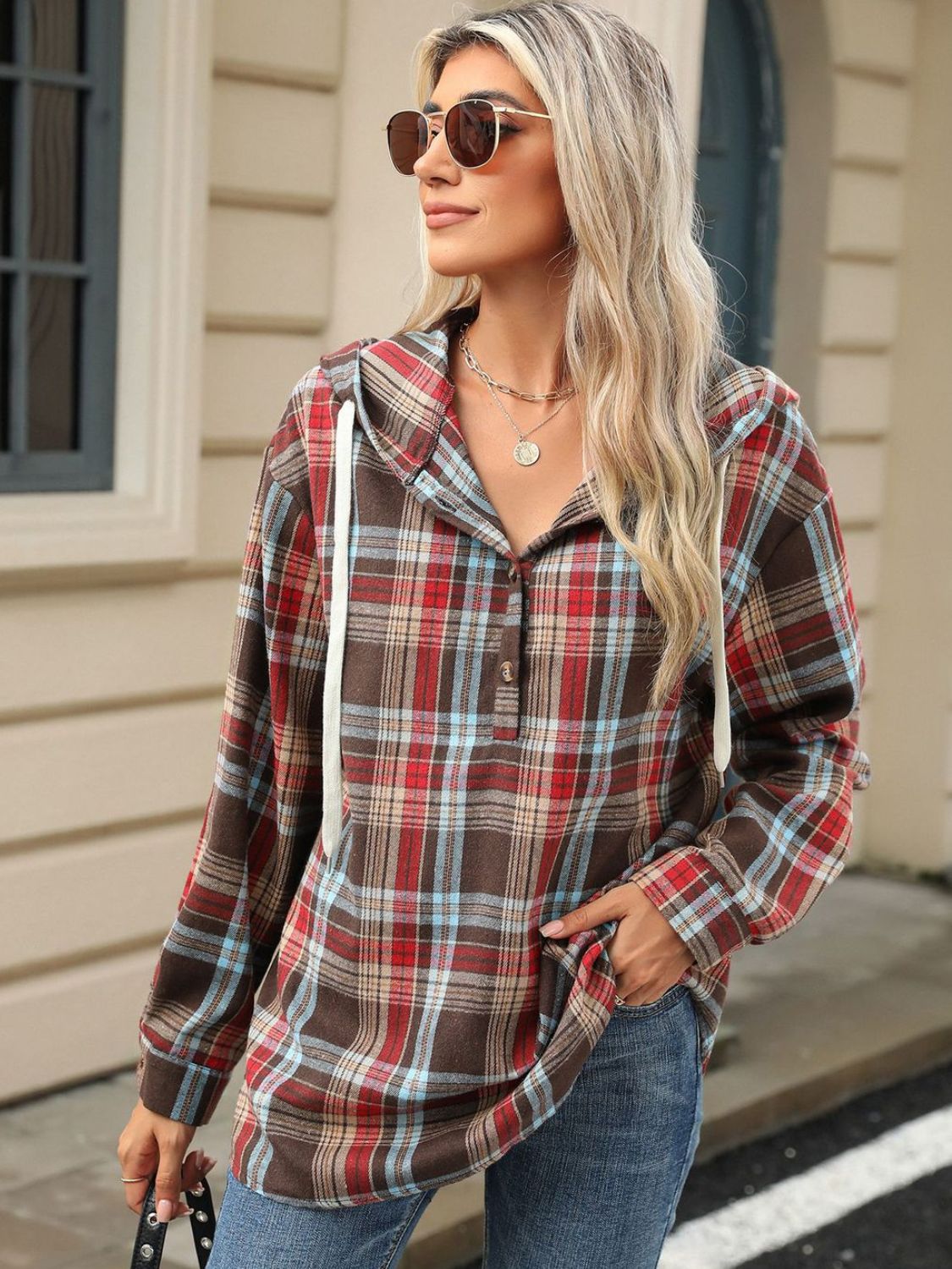 Drawstring Plaid Hooded Long Sleeve Top - 3 Colors