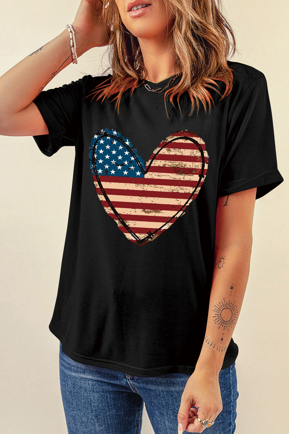 Stars and Stripes Heart Round Neck Short Sleeve T-Shirt - Shop All Around Divas