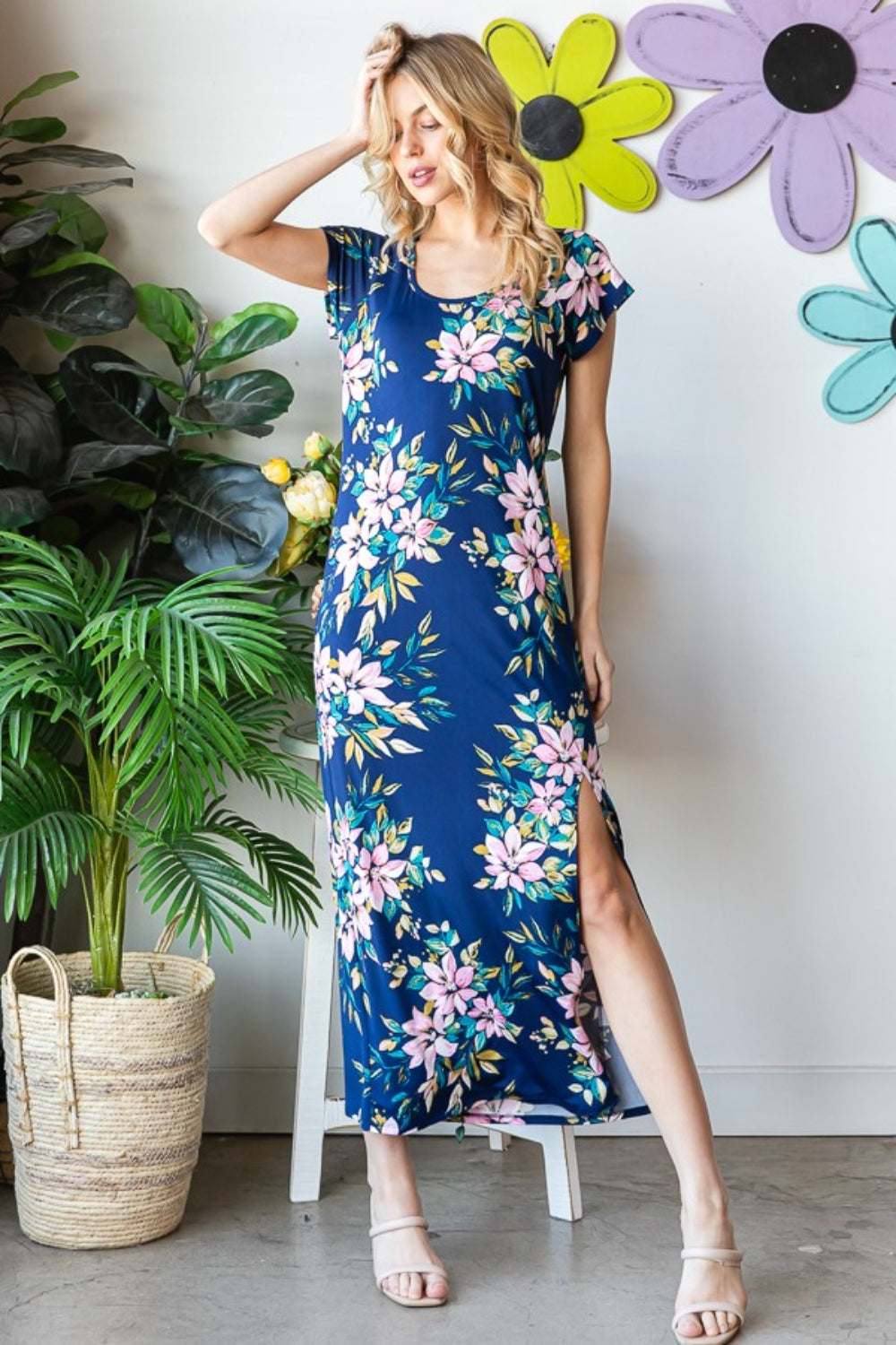 Heimish Full Size Floral Short Sleeve Slit Dress - Shop All Around Divas