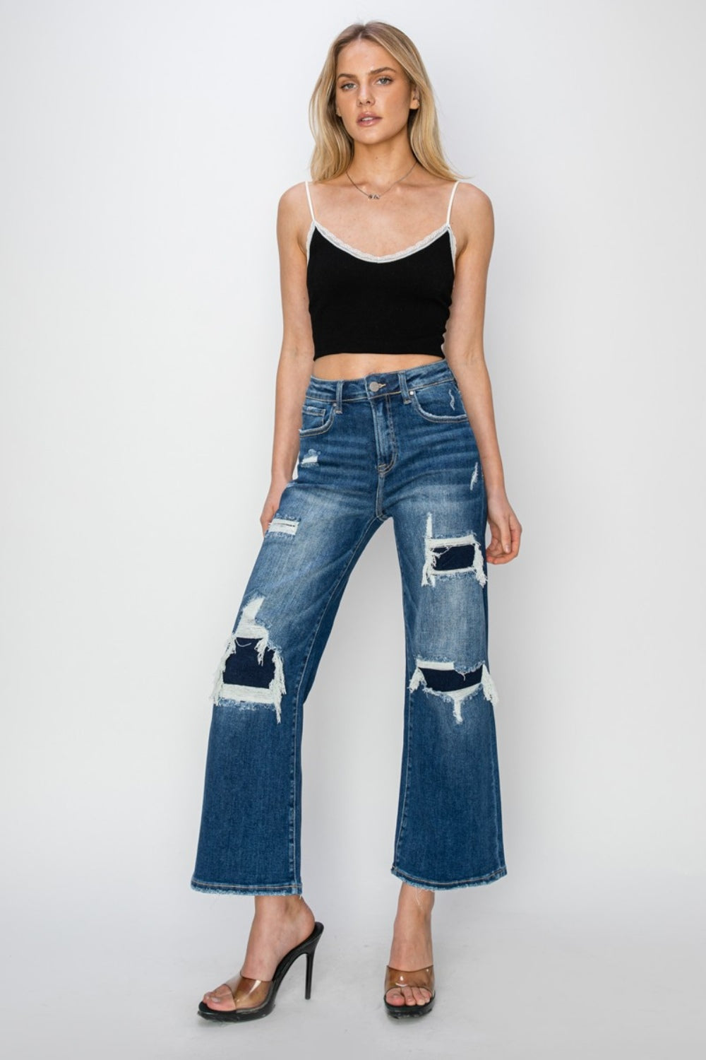 Risen Full Size High Rise Patch Detailed Wide Leg Crop Jeans Trendsi