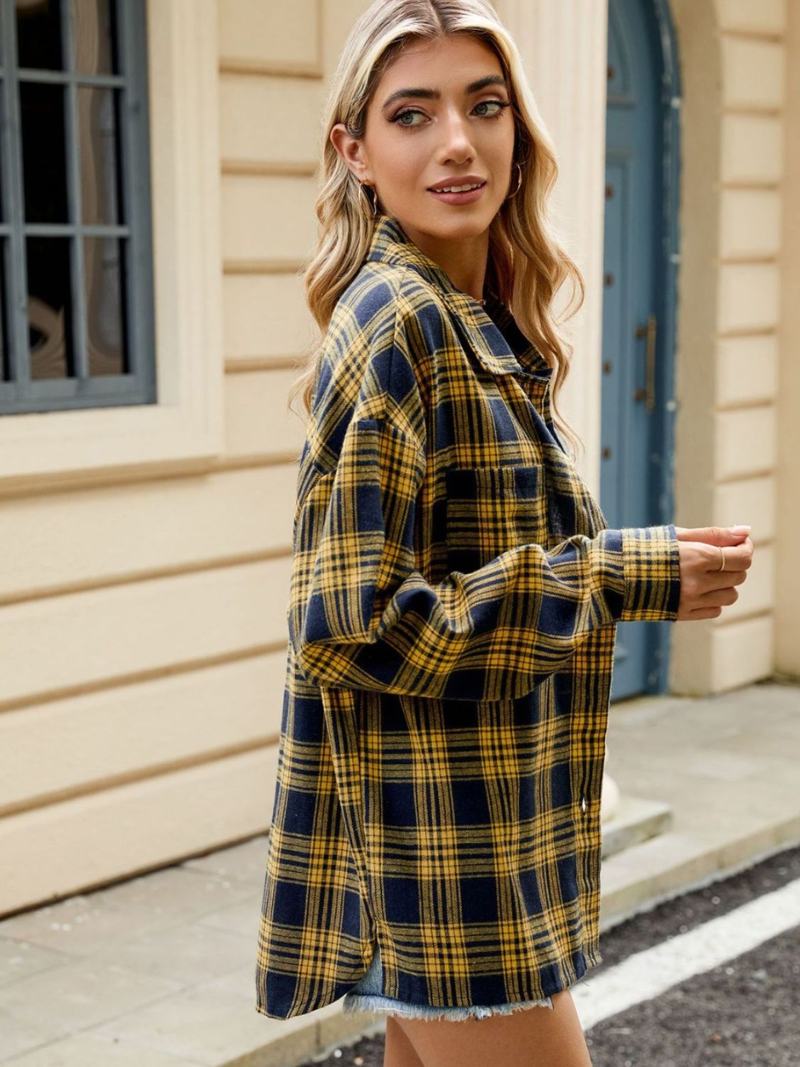 Elena Plaid Collared Neck Long Sleeve Shirt - 7 Styles Trendsi