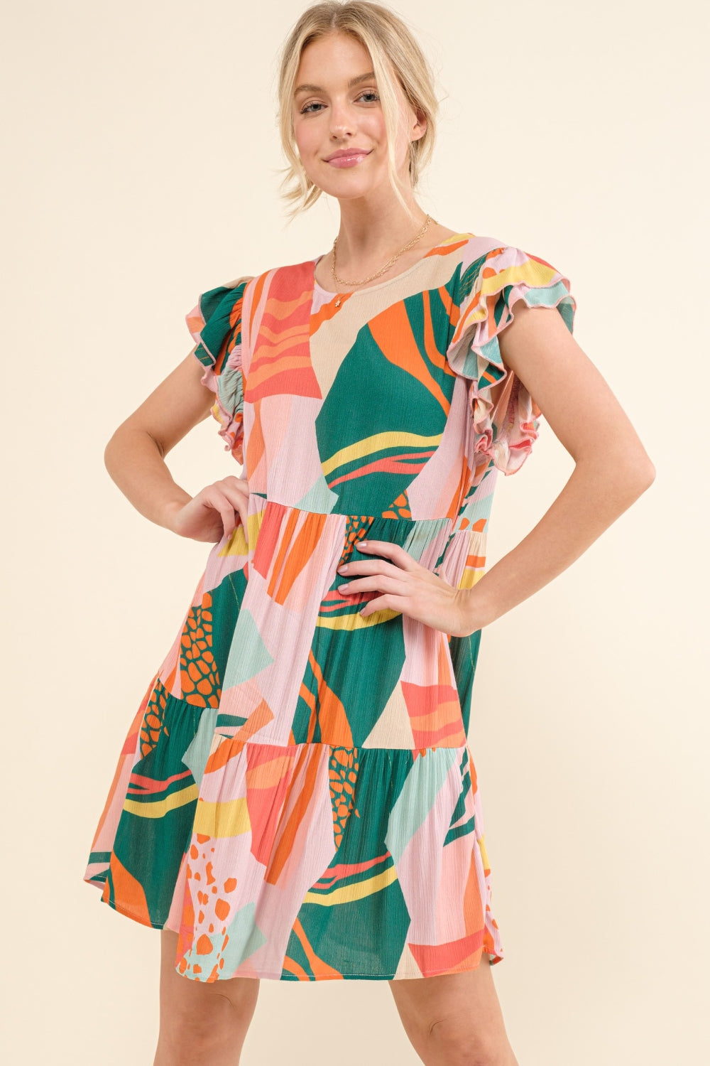 And The Why Printed Double Ruffle Sleeve Dress - Shop All Around Divas