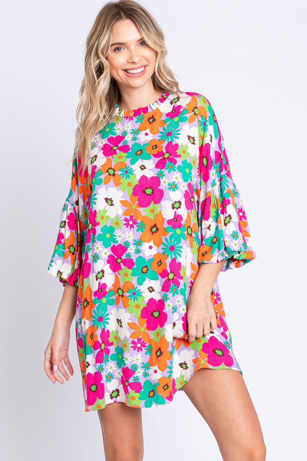 GeeGee Full Size Floral Round Neck Lantern Sleeve Mini Dress - Shop All Around Divas