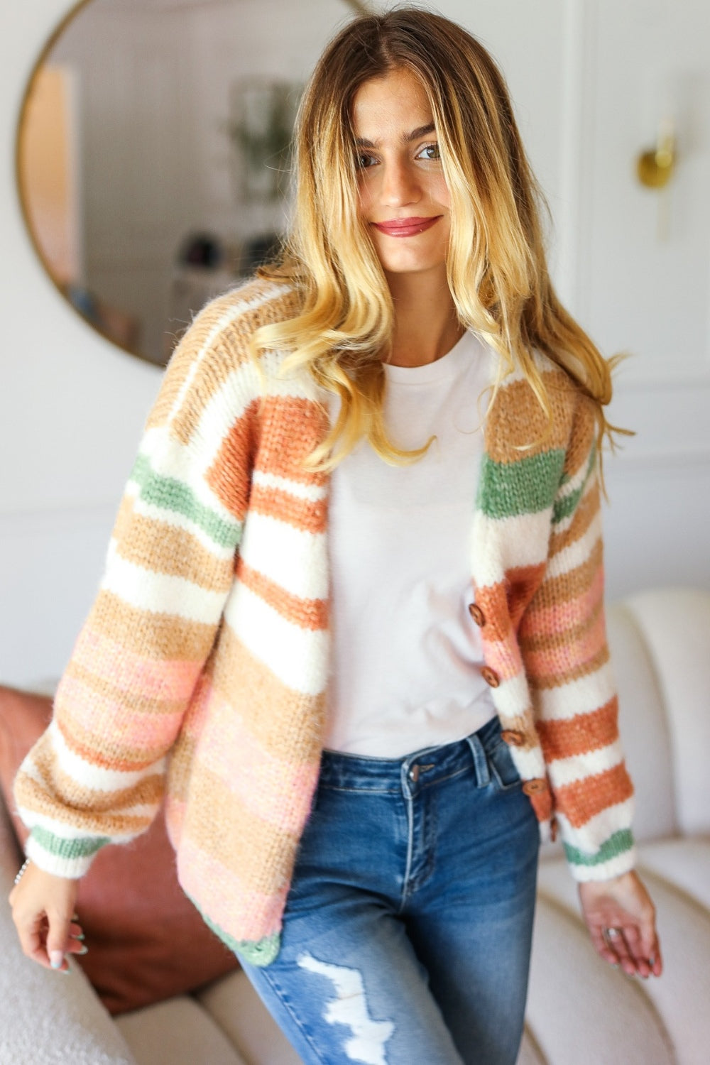 Haptics Full Size Button Down Striped Sweater Cardigan Trendsi