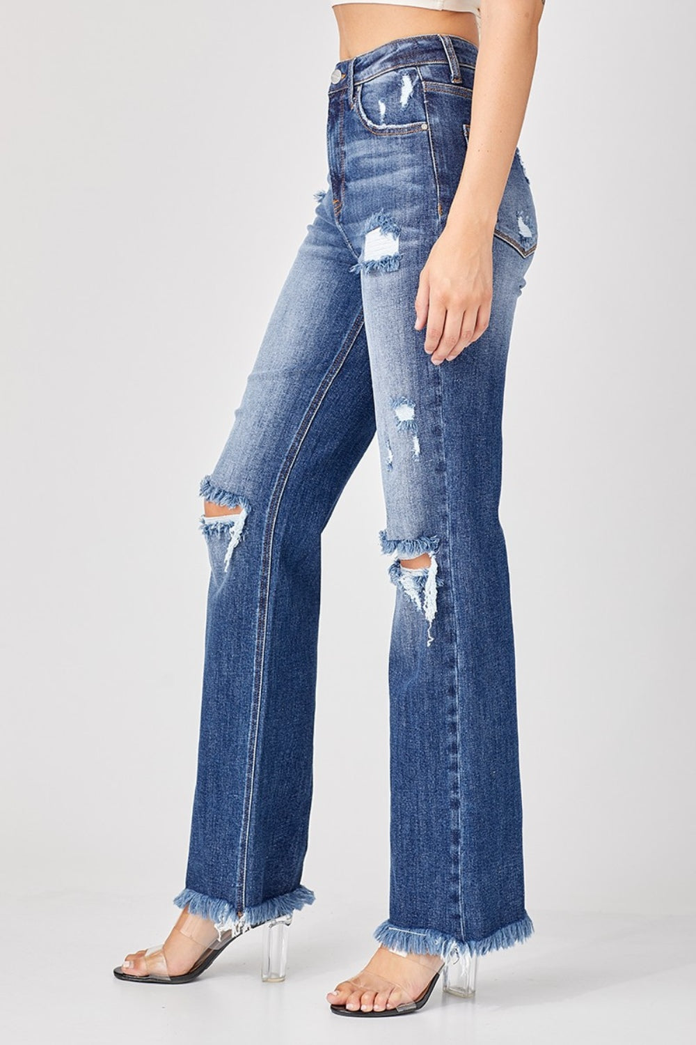 Risen Full Size Raw Hem Distressed Straight Jeans Trendsi