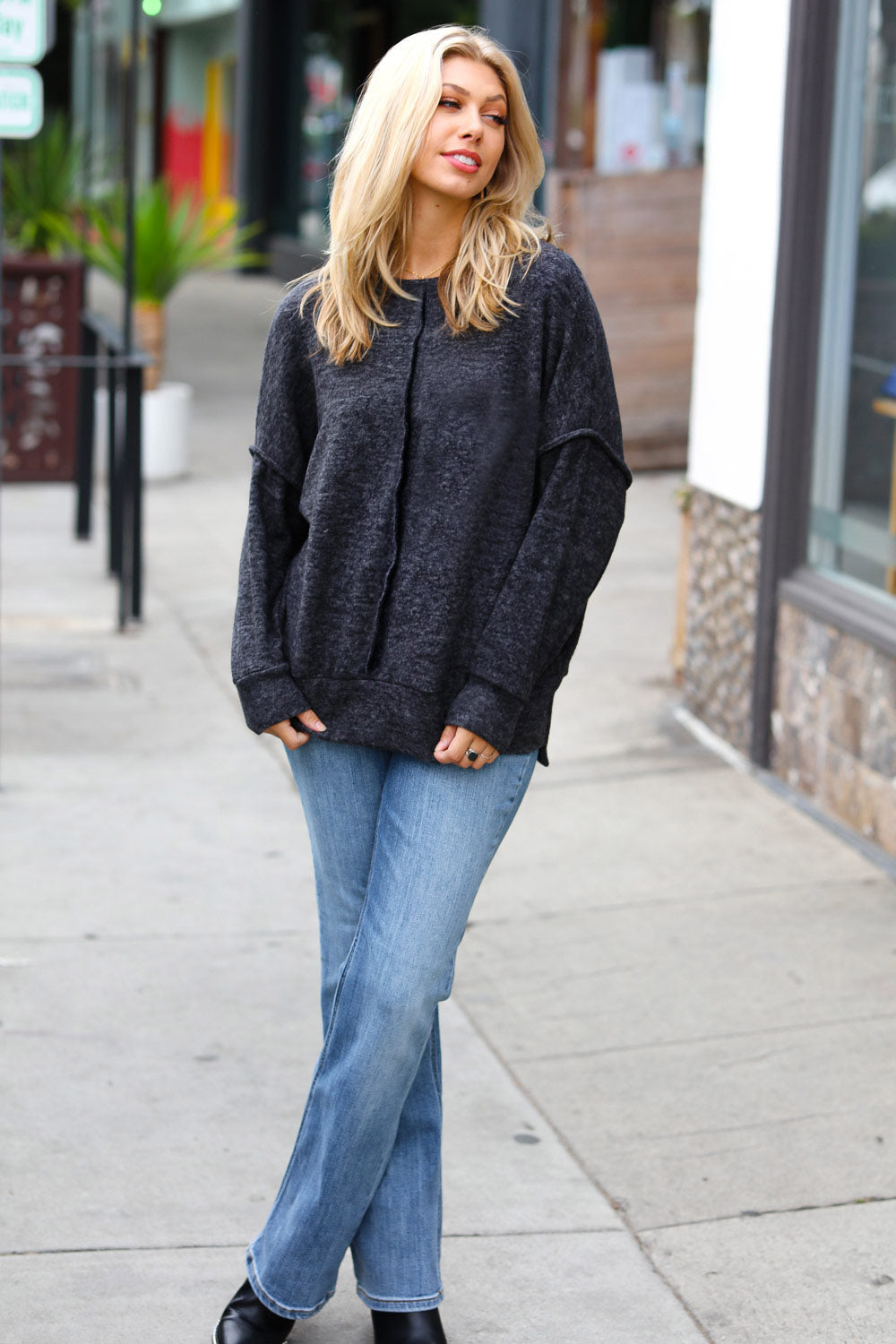 Dreamy & Cozy Charcoal Exposed Seam Melange Sweater