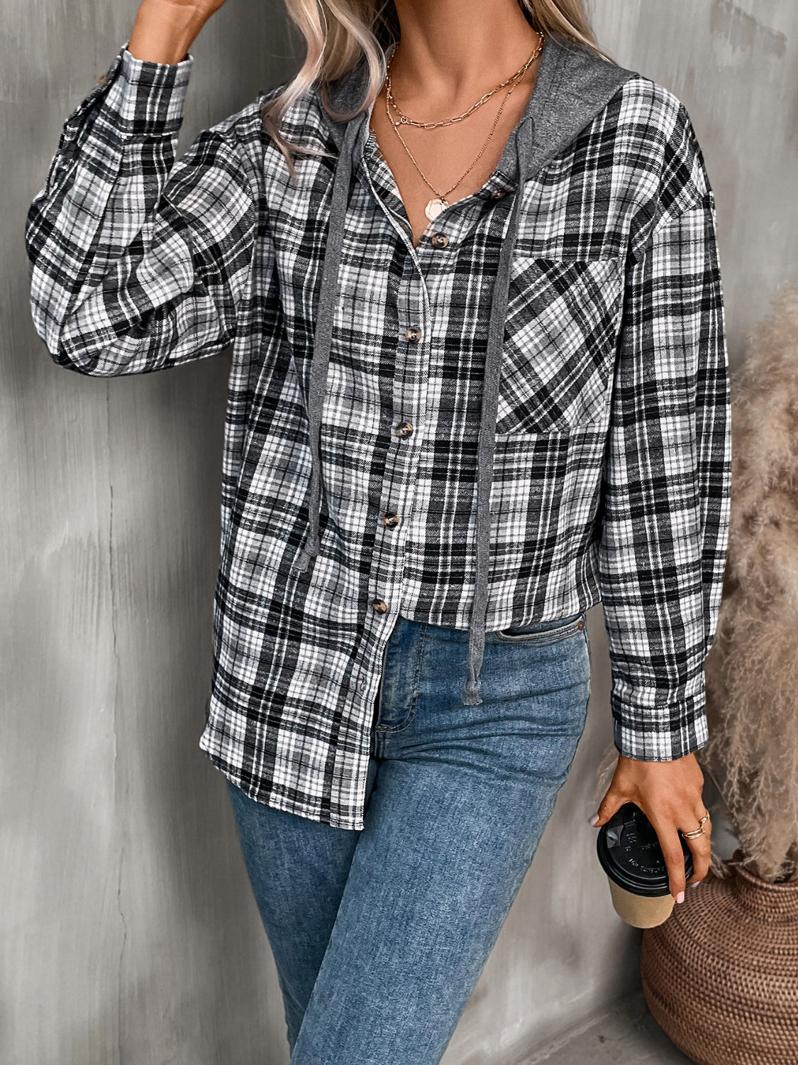 Plaid Long Sleeve Hooded Jacket - 5 Colors Trendsi