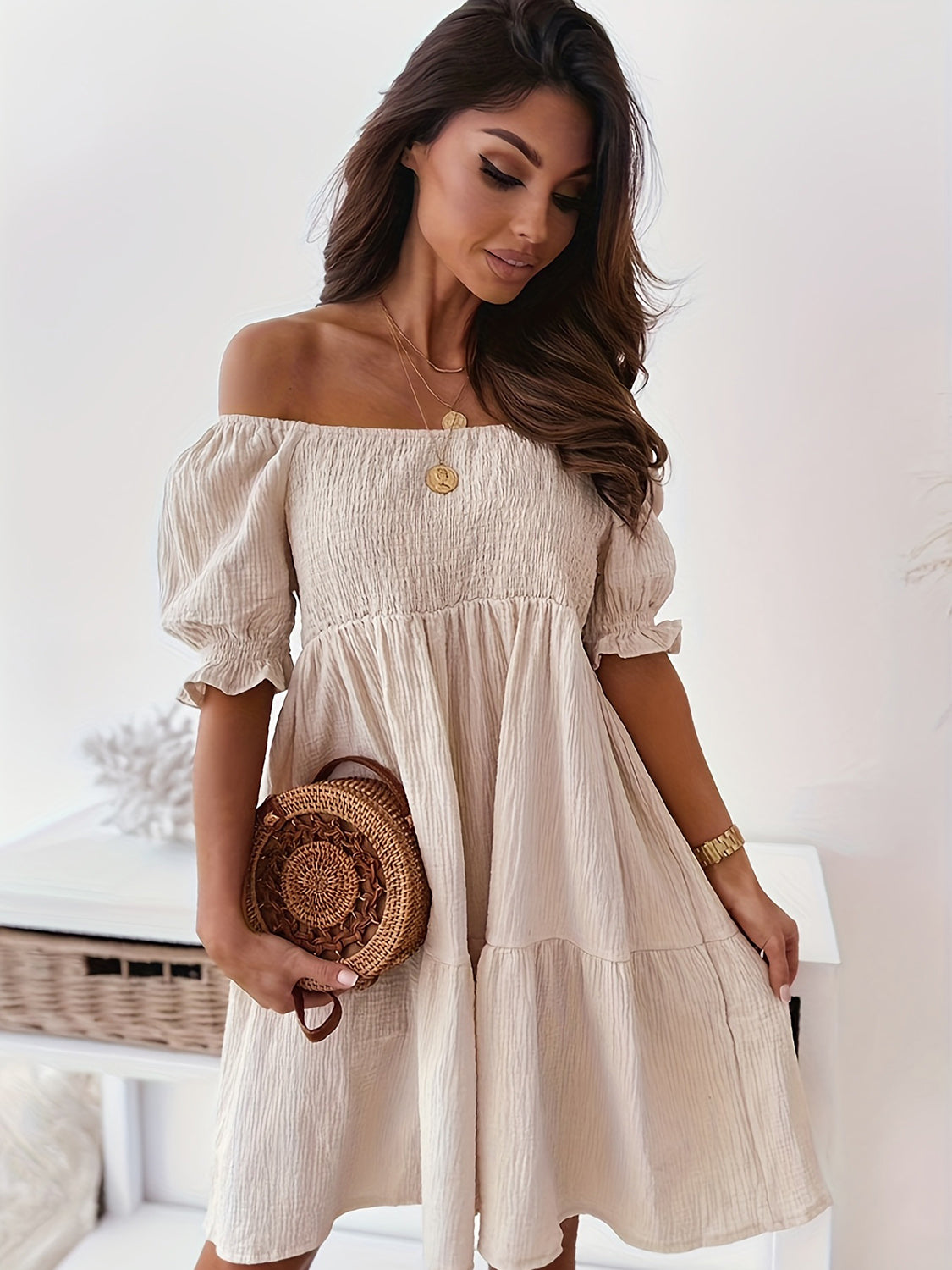 Full Size Ruffled Off-Shoulder Short Sleeve Dress - 7 Colors - Shop All Around Divas