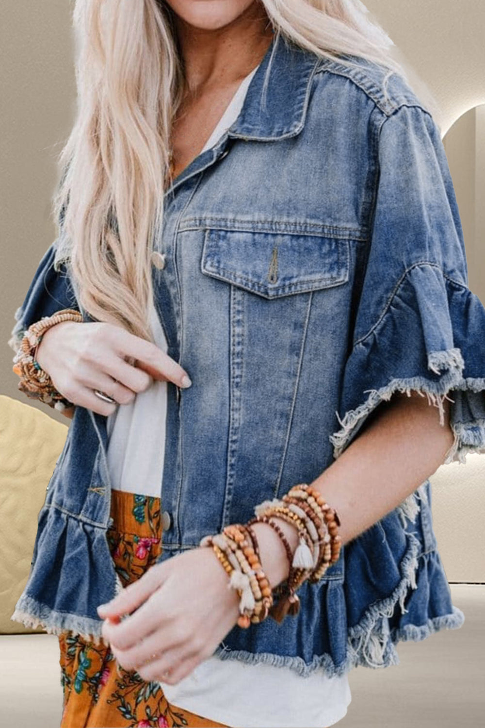 Ruffled Raw Hem Half Sleeve Denim Top - Shop All Around Divas