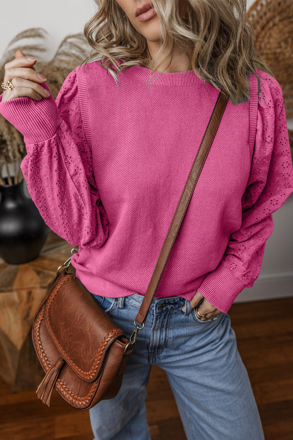 Eyelet Round Neck Long Sleeve Sweatshirt - 5 colors Trendsi