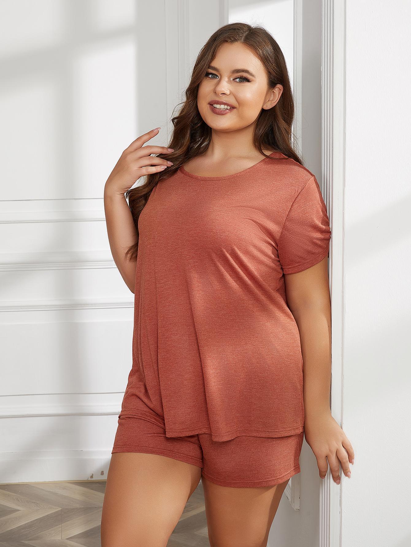 Plus Size Round Neck Short Sleeve Two-Piece Loungewear Set - 2 Colors - Shop All Around Divas