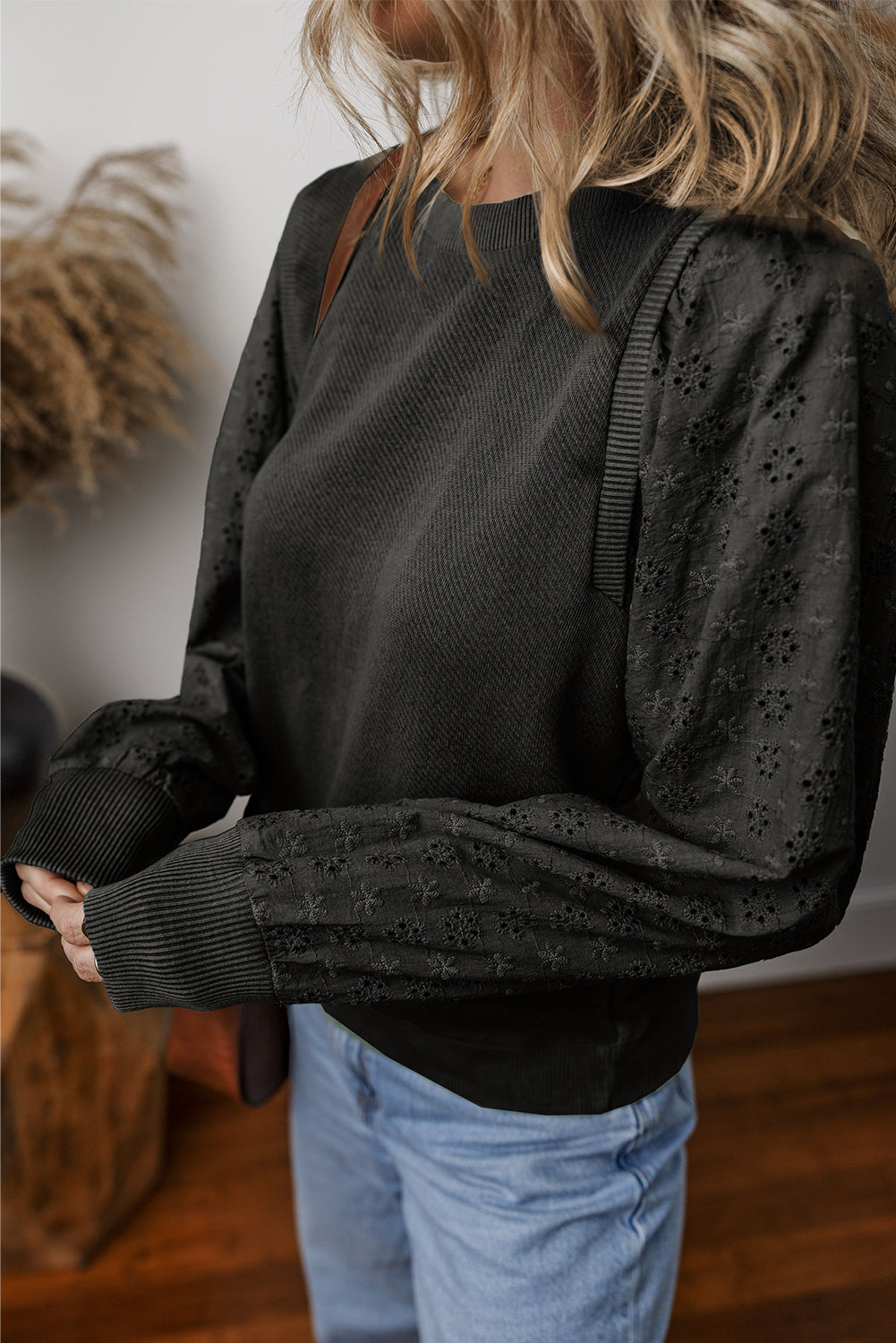 Eyelet Round Neck Long Sleeve Sweatshirt - 5 colors Trendsi