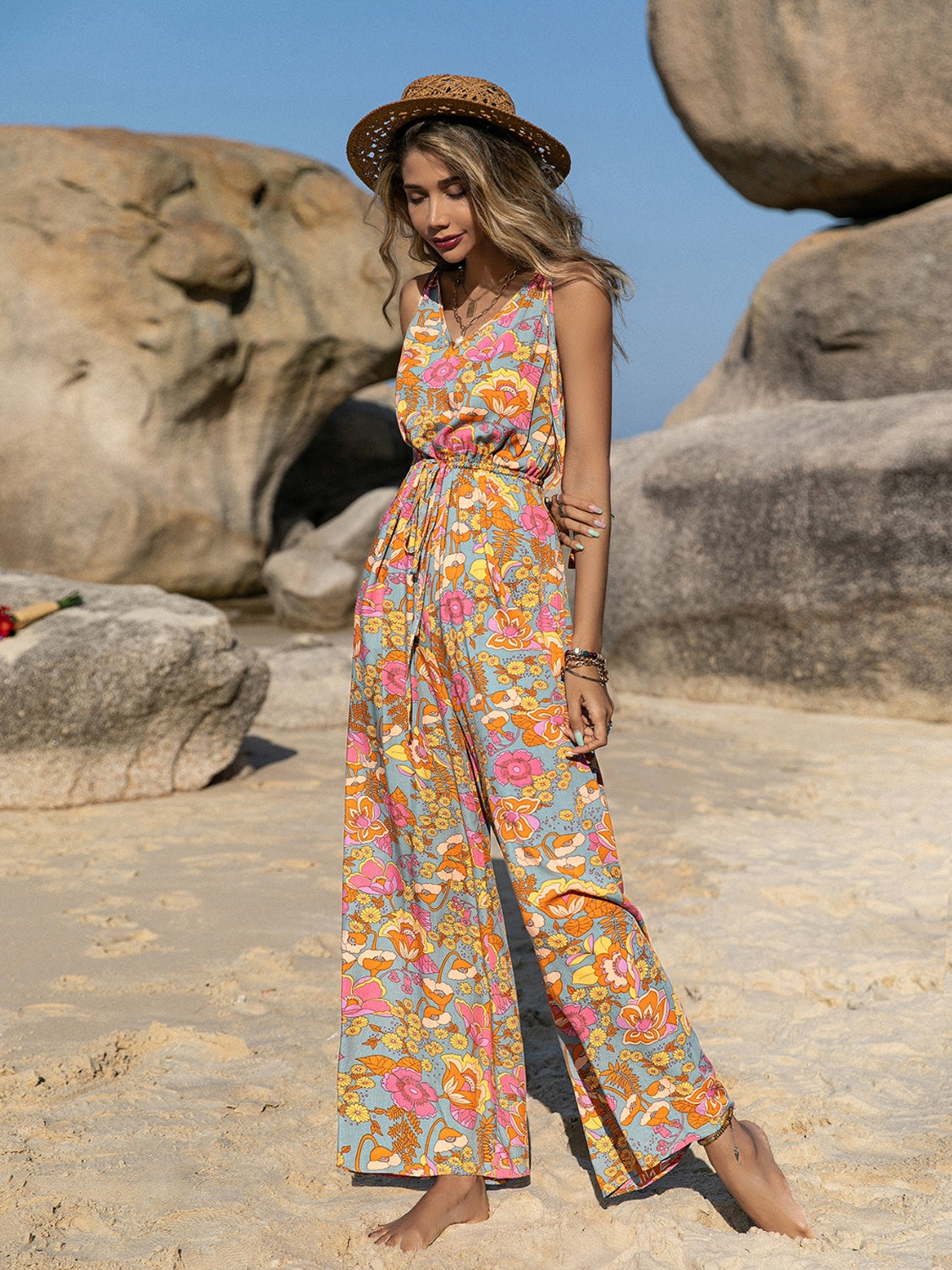 V-Neck Wide Leg Jumpsuit Trendsi