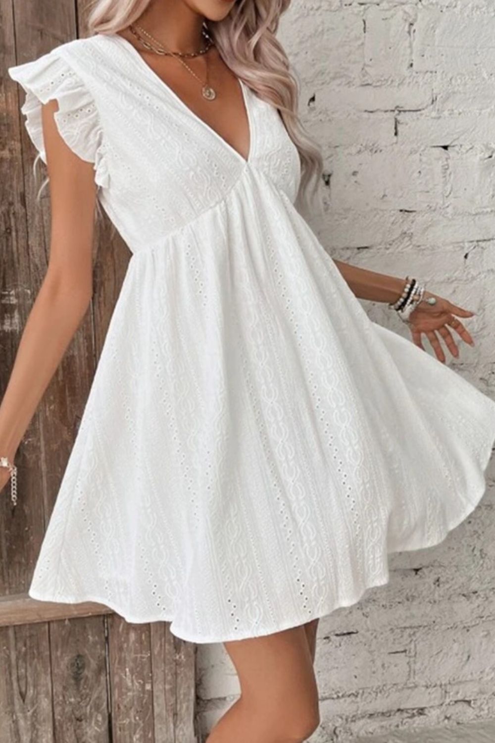 Eyelet Ruffled Cap Sleeve Mini Dress - Shop All Around Divas