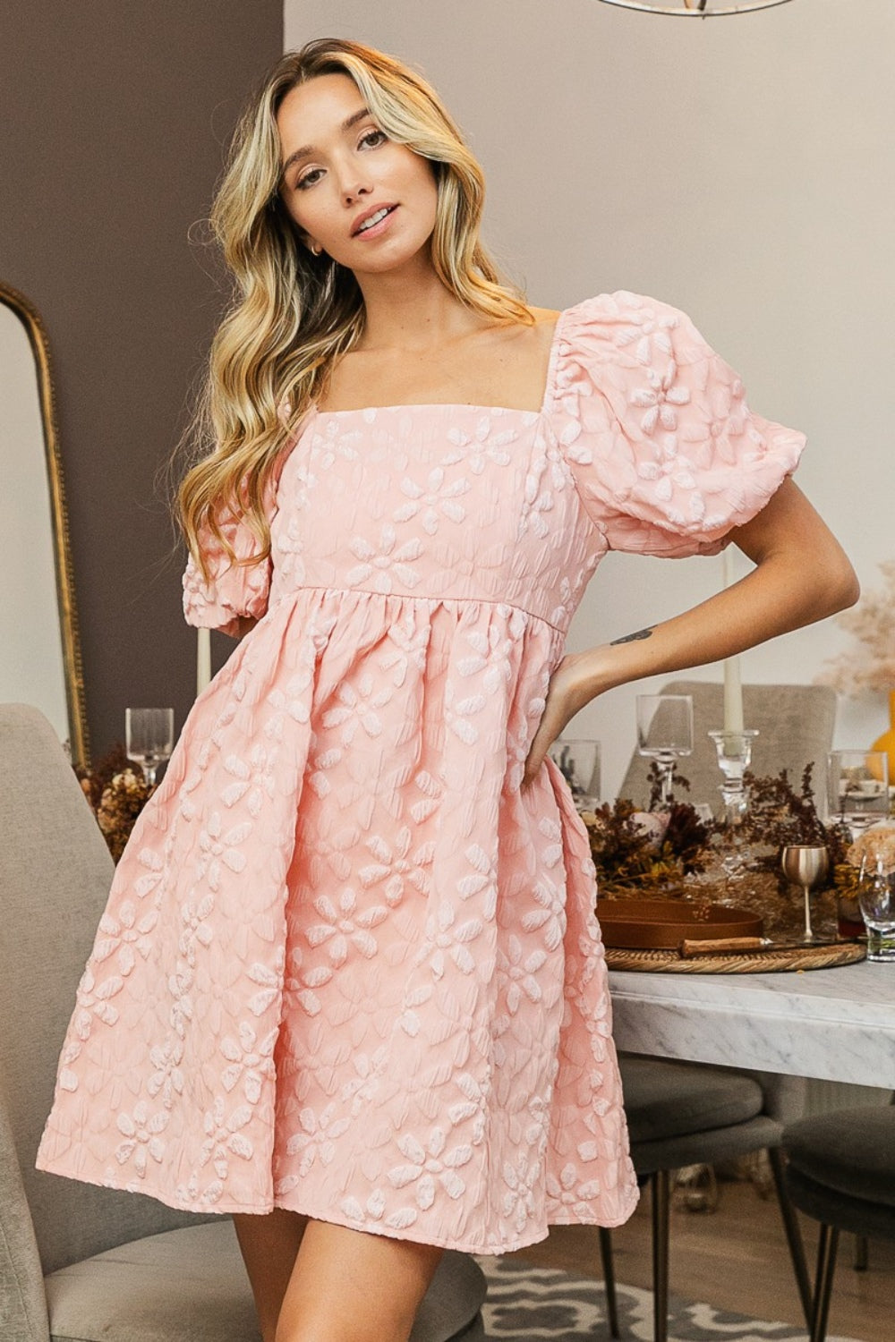 BiBi Flower Square Neck Puff Sleeve Dress - Shop All Around Divas