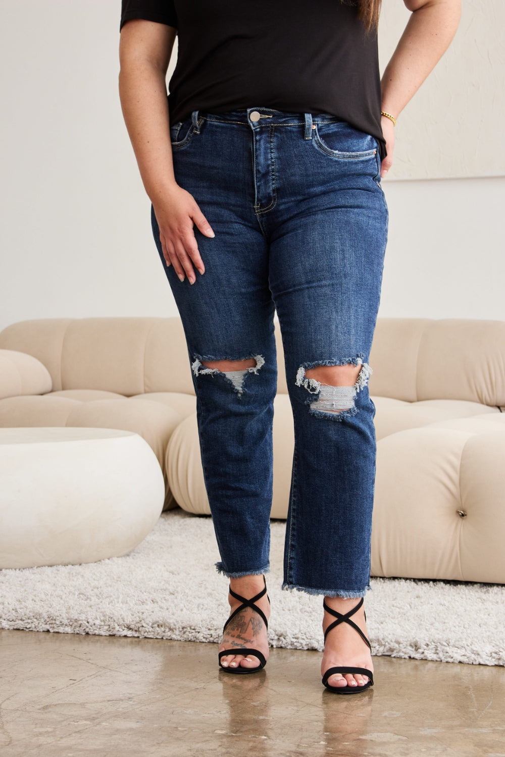 RFM Full Size Tummy Control Distressed High Waist Raw Hem Jeans - Shop All Around Divas