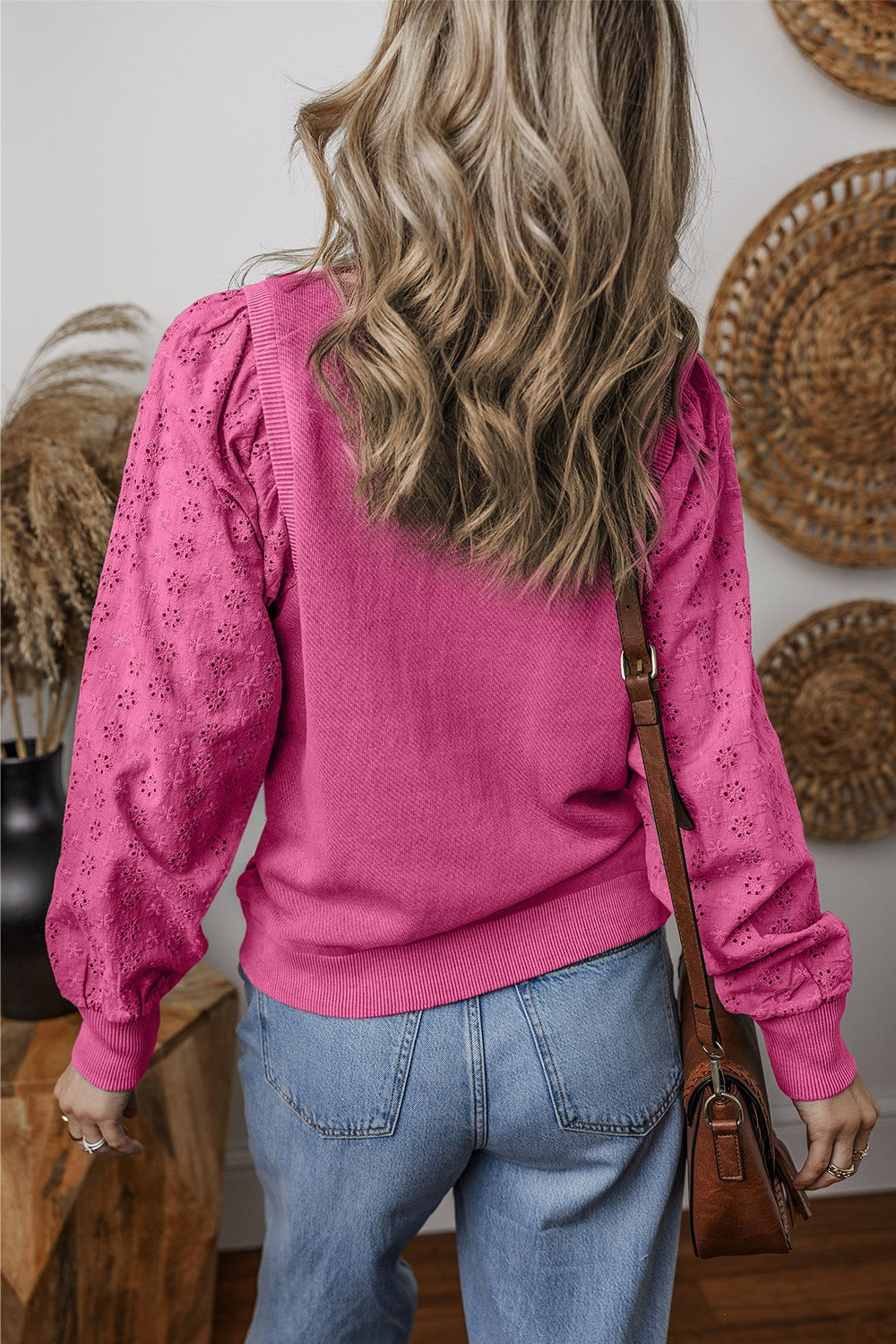 Eyelet Round Neck Long Sleeve Sweatshirt - 5 colors Trendsi