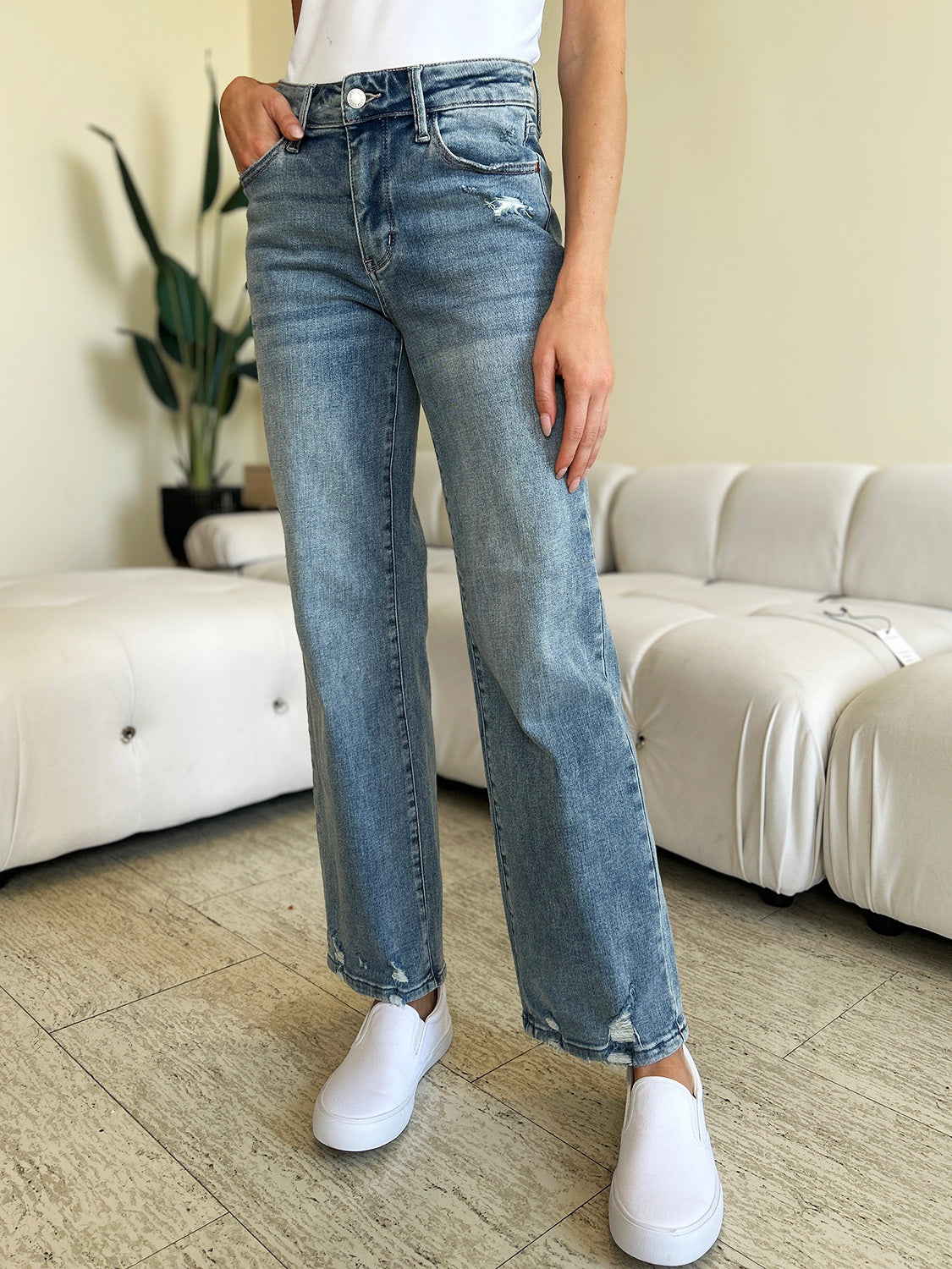 Judy Blue Full Size High Waist Distressed Straight Jeans - Shop All Around Divas