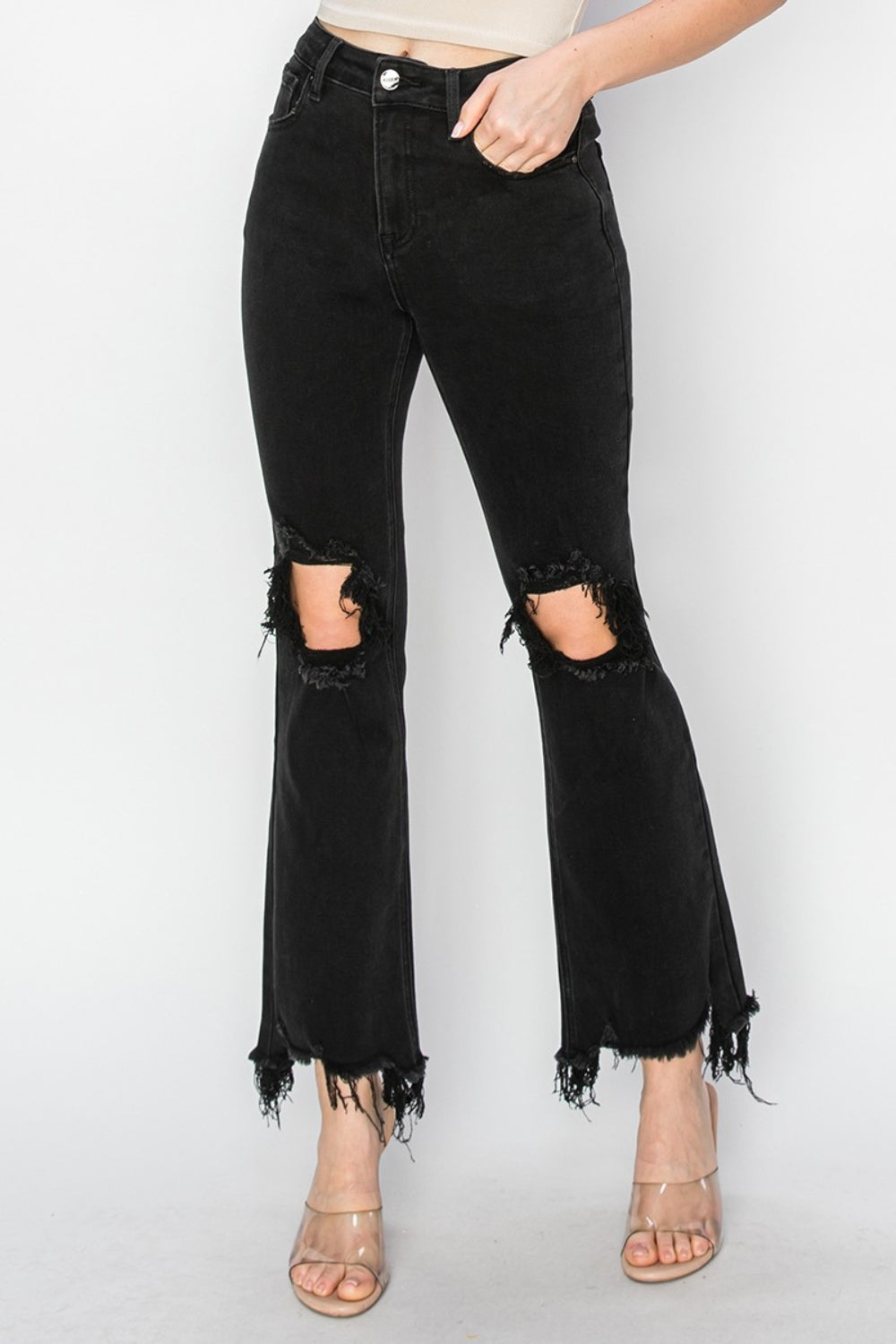 RISEN DRUNK IN LOVE Distressed Raw Hem Jeans with Pockets Trendsi