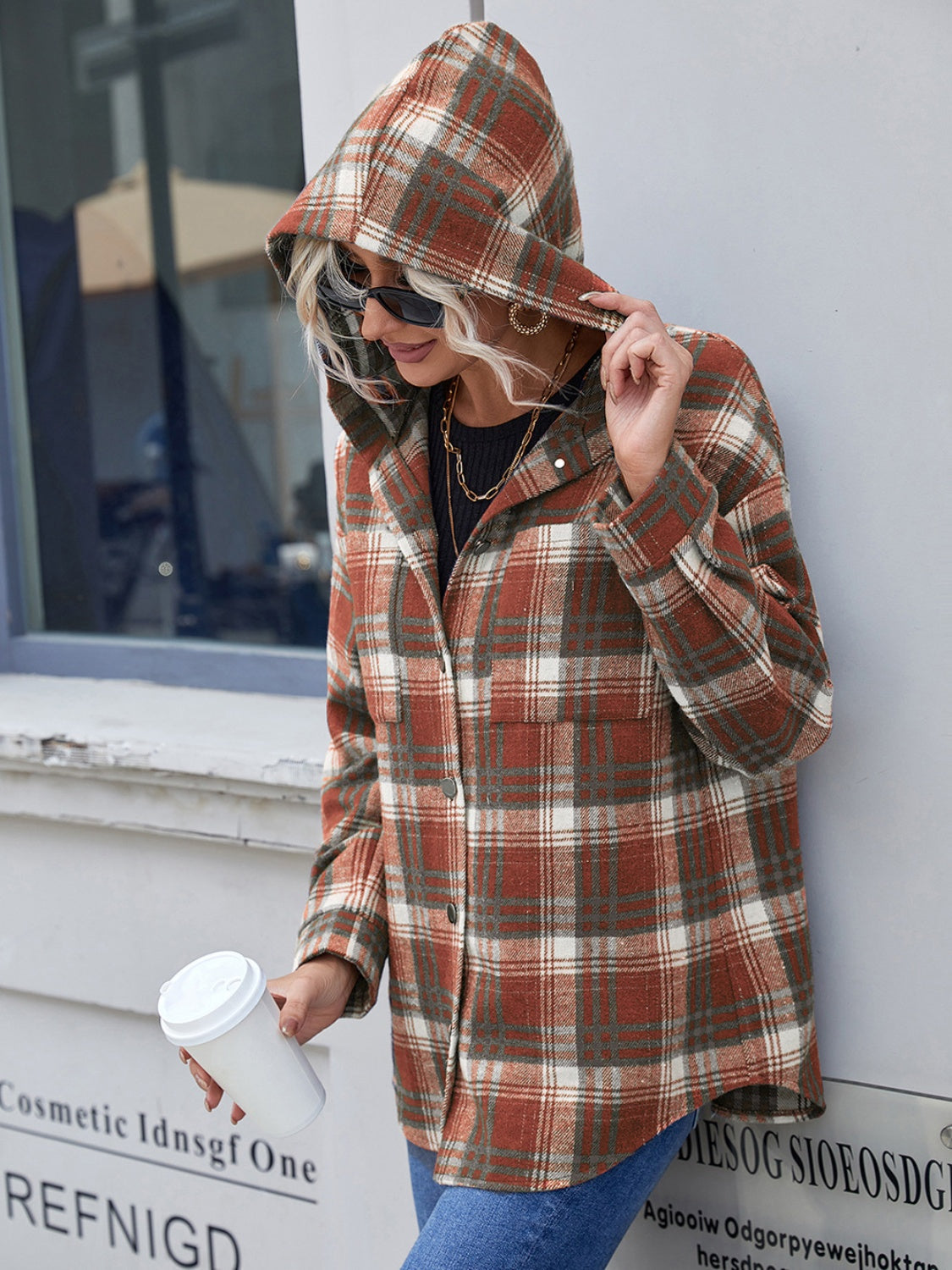 Plaid Button Up Long Sleeve Hooded Jacket Trendsi