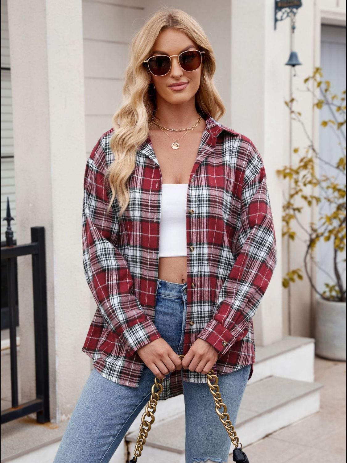 Pocketed Plaid Collared Neck Long Sleeve Shirt- 6 Styles Trendsi