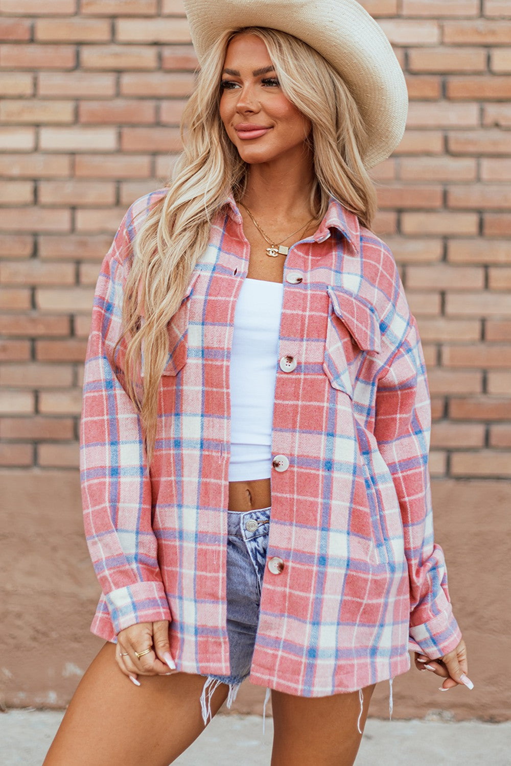 Plaid Button Up Long Sleeve Shacket Trendsi